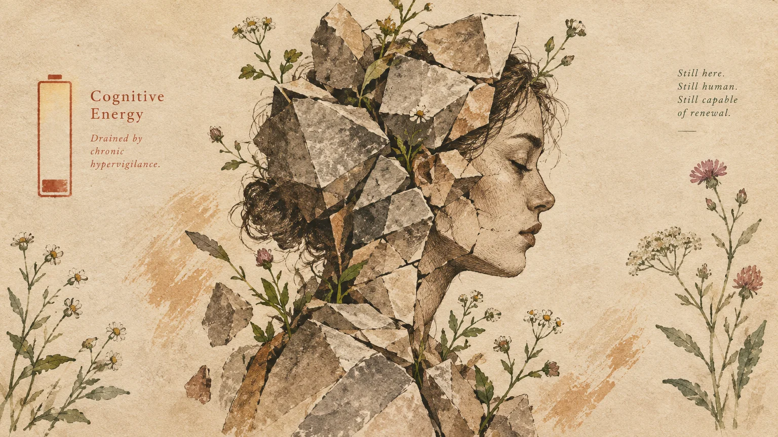 Illustration of a woman's profile fragmenting into stone, surrounded by blooming wildflowers and a low battery icon.