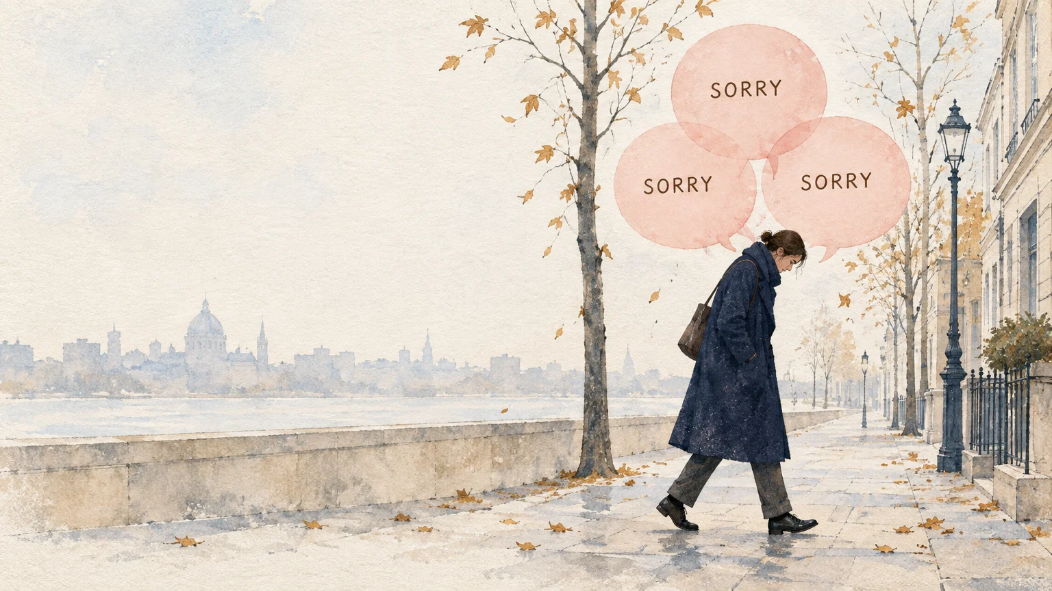 Watercolor illustration of a person walking along a city embankment surrounded by speech bubbles saying sorry.