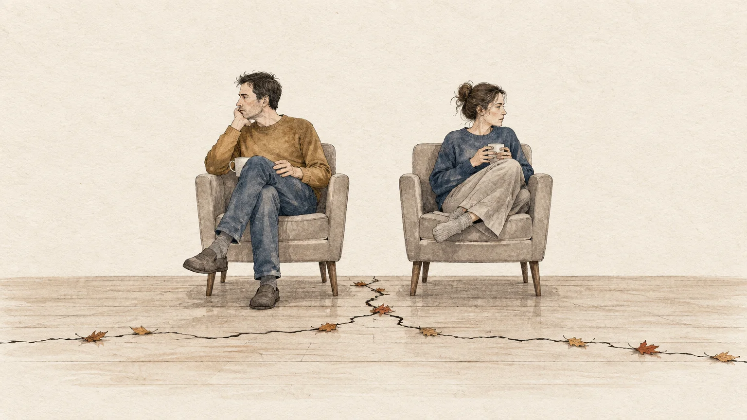 Illustration of a man and woman sitting in separate armchairs looking away from each other over a cracked floor with leaves.