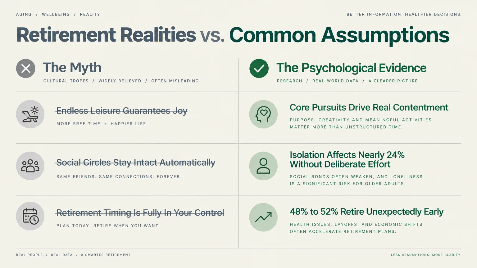 Infographic comparing three common retirement myths against psychological evidence and statistics in two side-by-side columns.