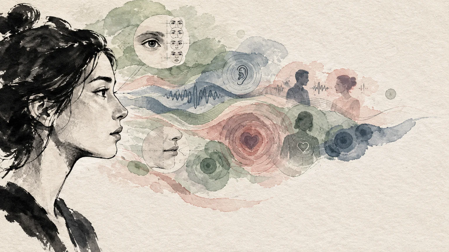 Woman in profile with watercolor waves streaming forward containing sketches of eyes, ears, sound waves, and hearts.