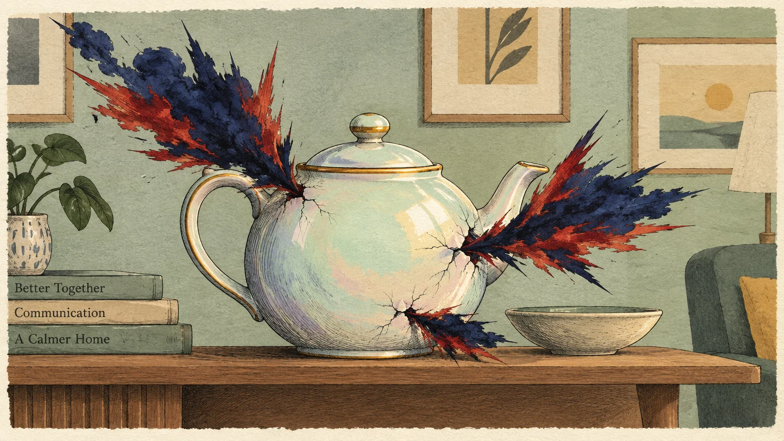 Vintage-style illustration of a cracked teapot bursting with red and dark blue plumes of pressure on a wooden table.