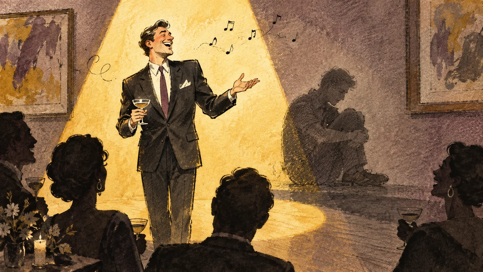Illustration of a charismatic man entertaining party guests in a spotlight while his dejected shadow sits alone in the dark.