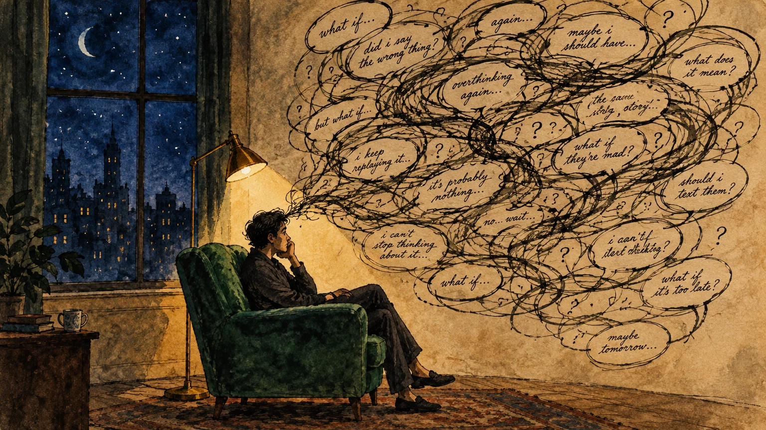 Illustration of a person sitting in an armchair at night, surrounded by a swirling cloud of anxious thoughts.