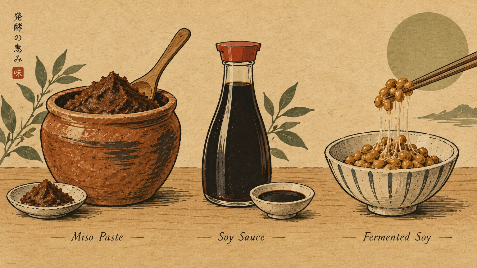 Illustration of labeled miso paste in a clay pot, a soy sauce bottle, and natto beans lifted with chopsticks.