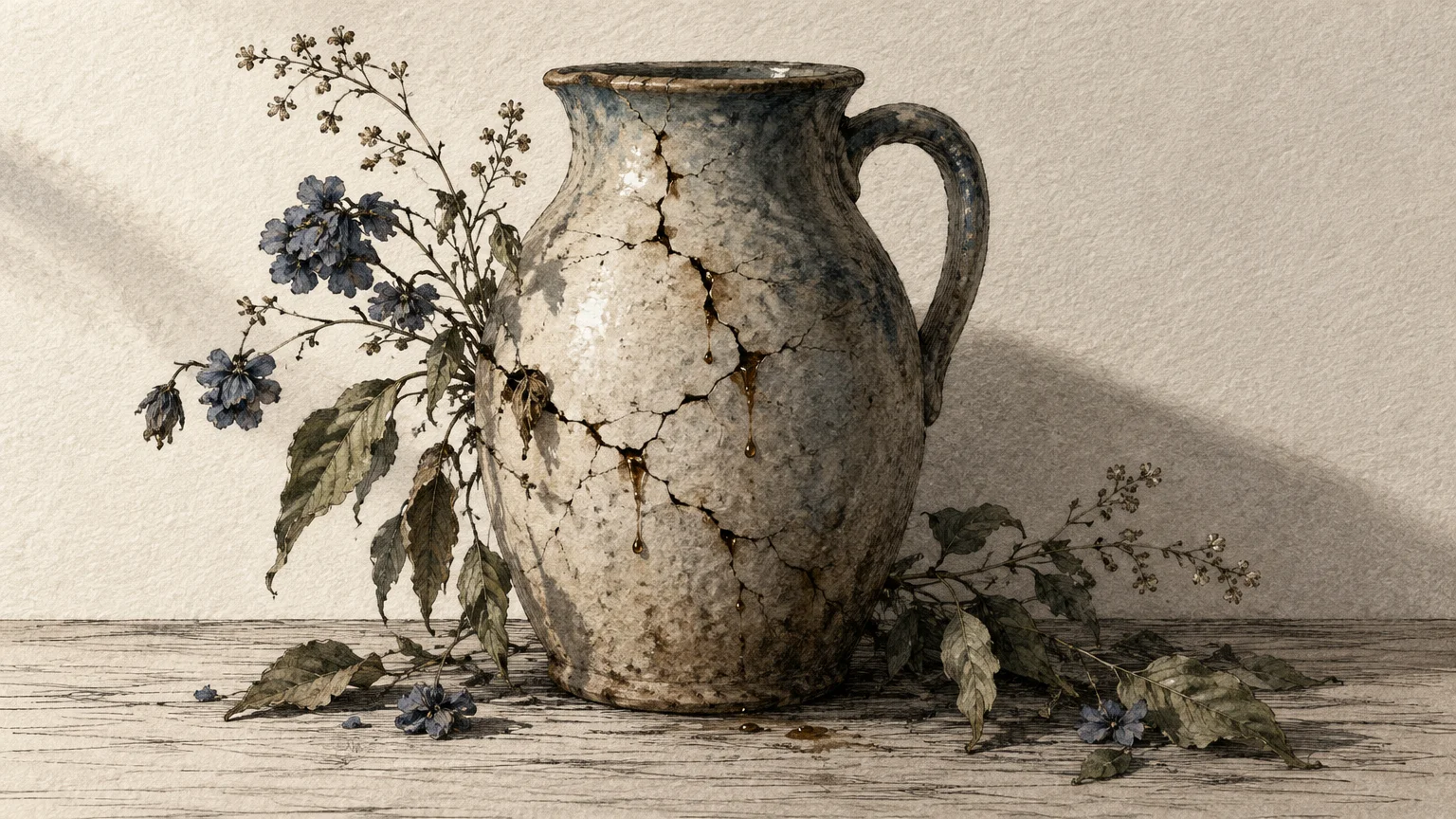 Cracked ceramic jug leaking dark liquid onto a wooden surface beside dried leaves and blue flowers.