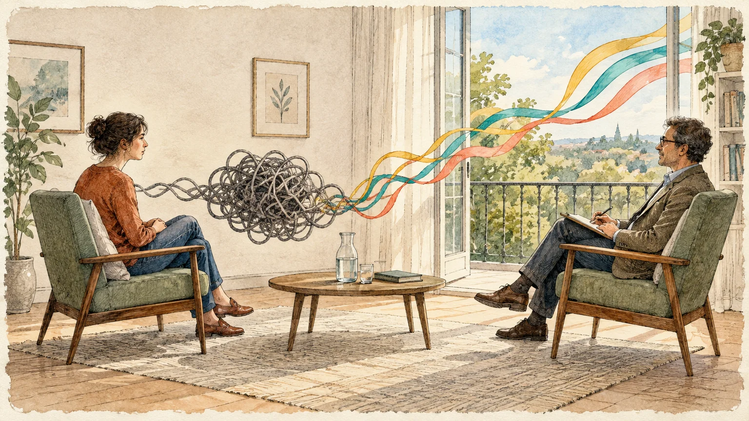 Ink sketch of a woman in therapy, with tangled lines between her and the therapist unraveling into colorful ribbons.