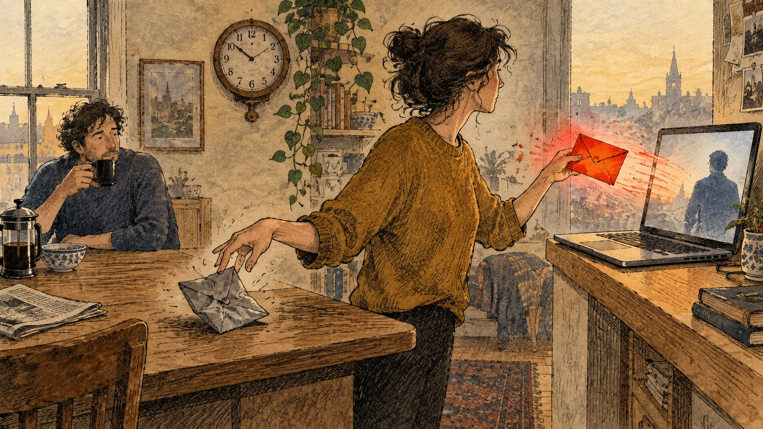 Illustration of a woman sending a glowing red envelope to a laptop while dropping a dull envelope near a watching man.