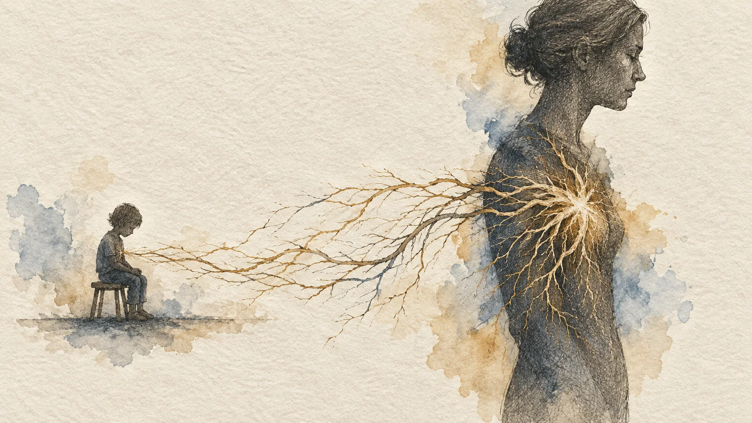 Illustration of a woman and seated boy connected through their glowing chests by intricate, branch-like fibrous roots.