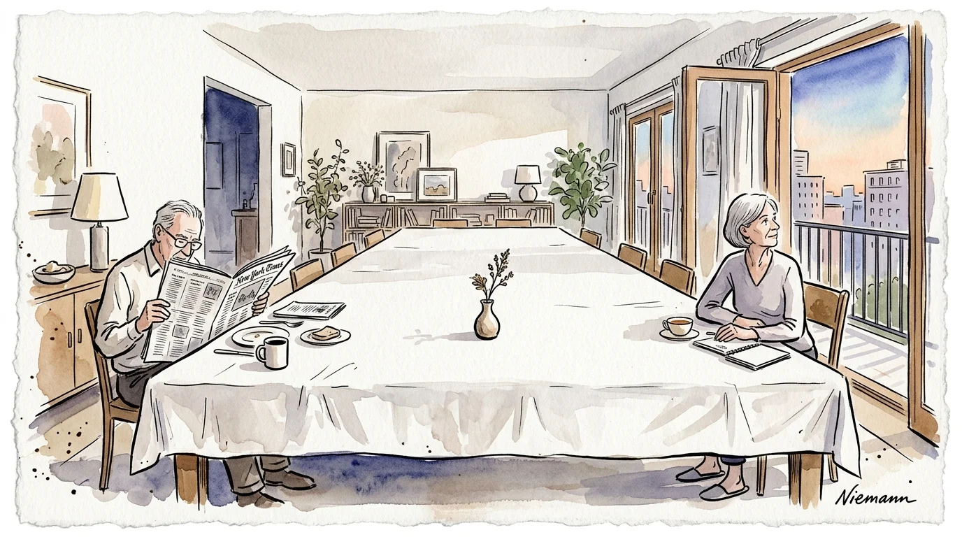 Watercolor illustration of an older couple sitting far apart at opposite ends of an extremely long dining table.