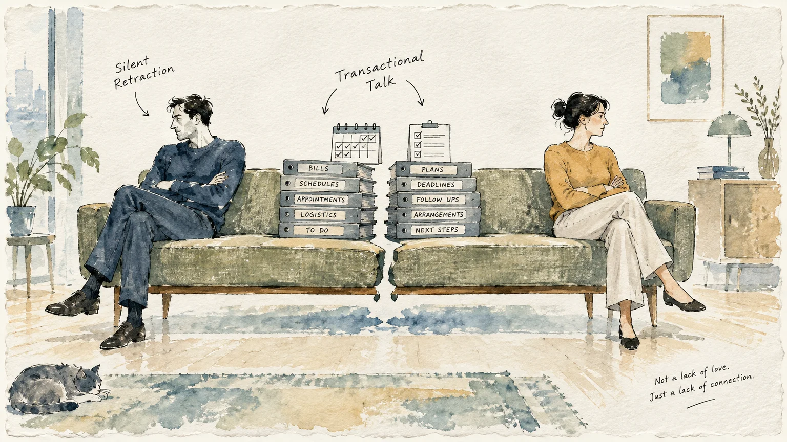 Man and woman sit turned away on split couches separated by stacked binders labeled with bills, schedules, and chores.
