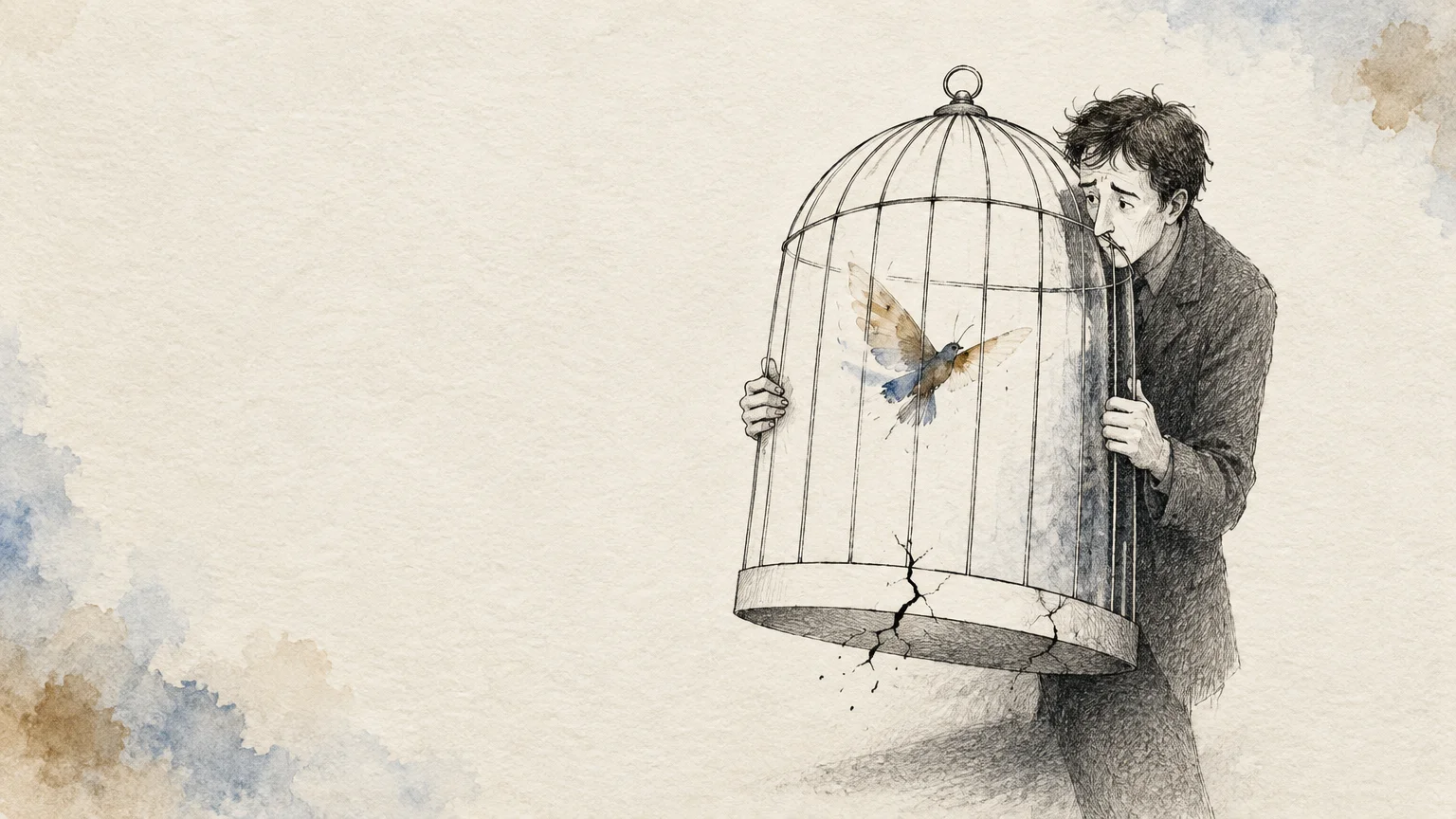 Illustration of an anxious man in a suit clutching a cracked birdcage that holds a flying winged creature.