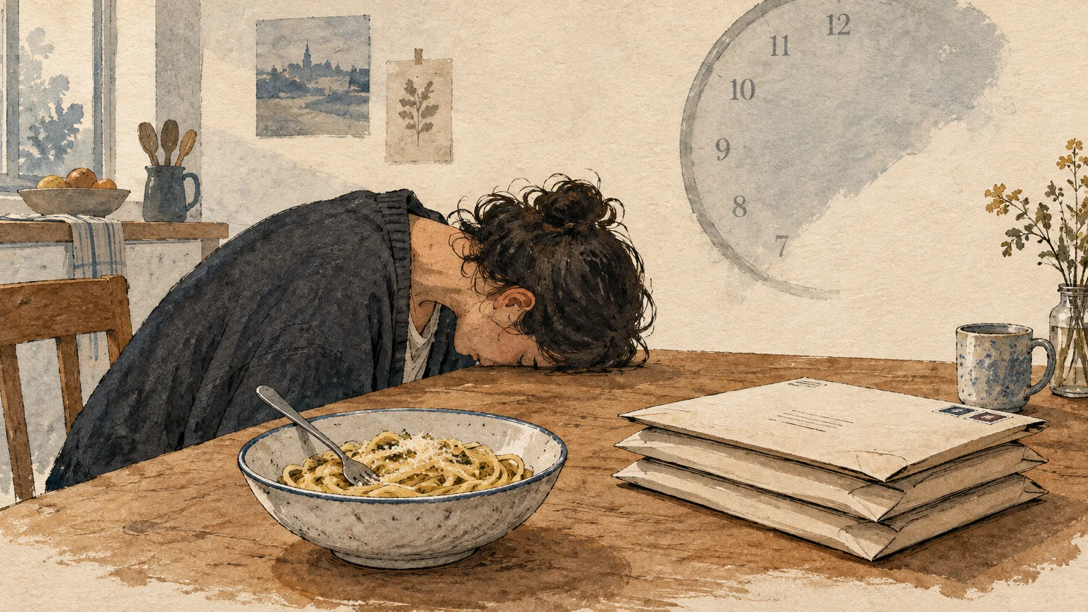 A tired woman rests her head on a wooden table beside a bowl of pasta, a stack of mail, and a wall clock.