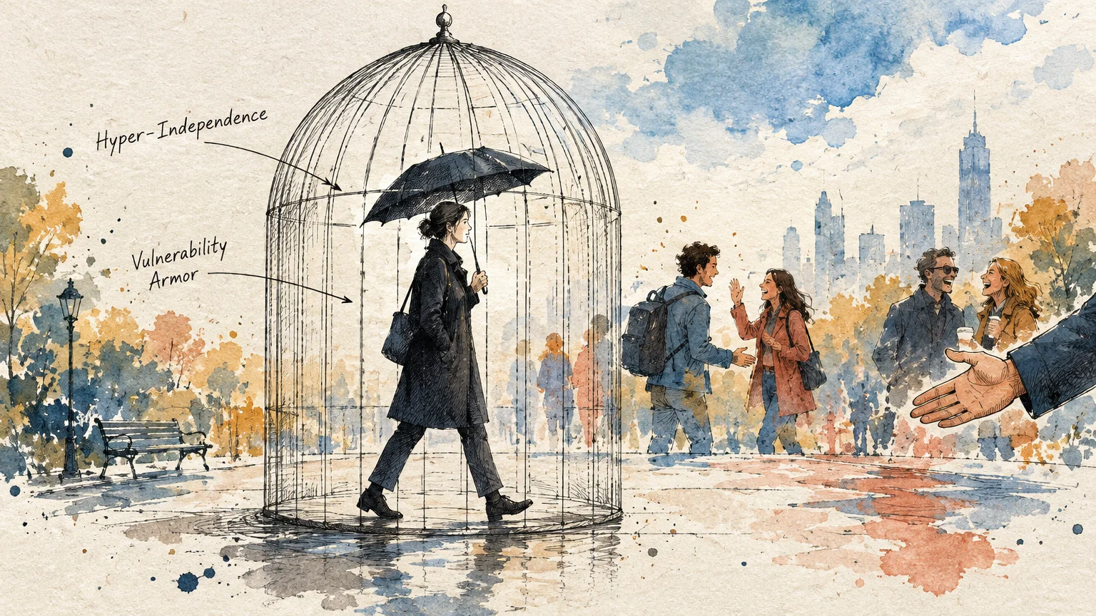 Illustration of a woman holding an umbrella inside a birdcage labeled hyper-independence, walking past smiling people.