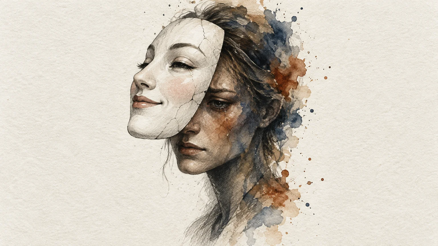 Watercolor sketch of a sad woman holding a cracked, smiling theater mask over her face.