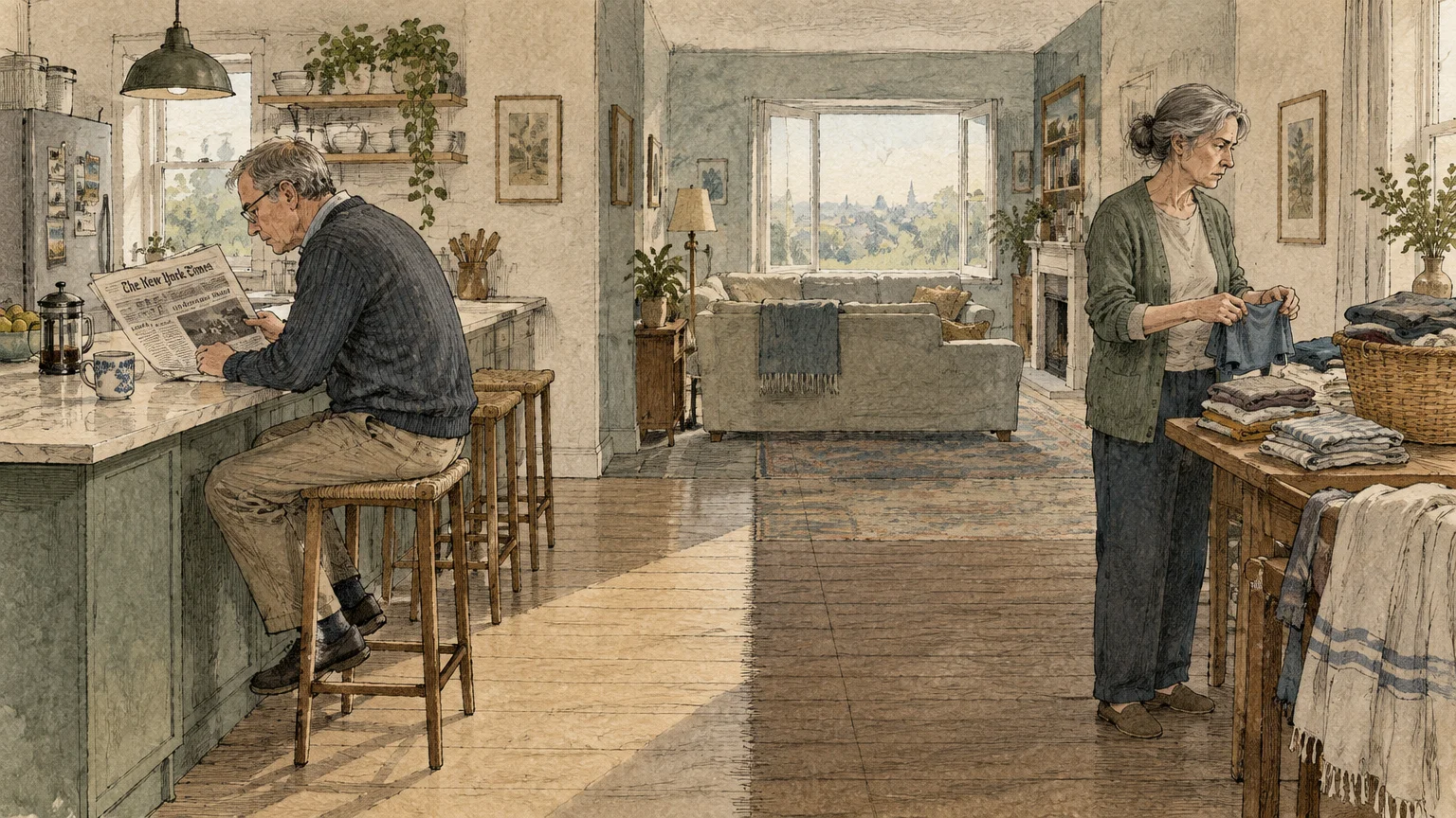An older man reads a newspaper at a kitchen counter while a woman folds laundry across an open-concept living space.