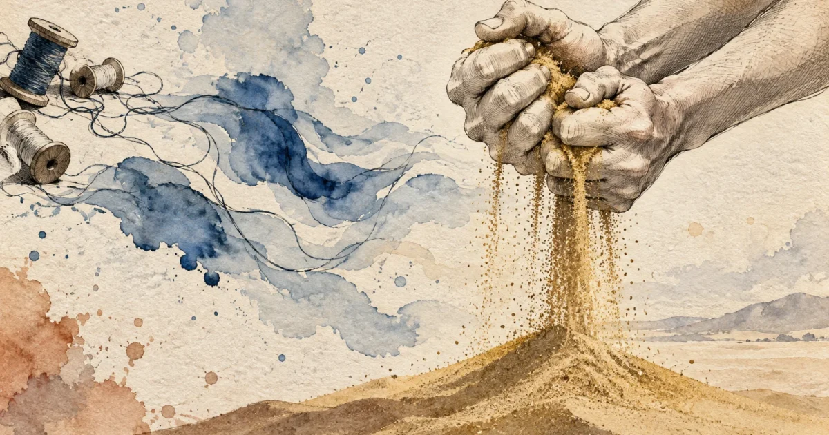 Illustration of hands clutching spilling sand beside spools of unspooling blue thread on textured paper.