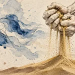 Illustration of hands clutching spilling sand beside spools of unspooling blue thread on textured paper.