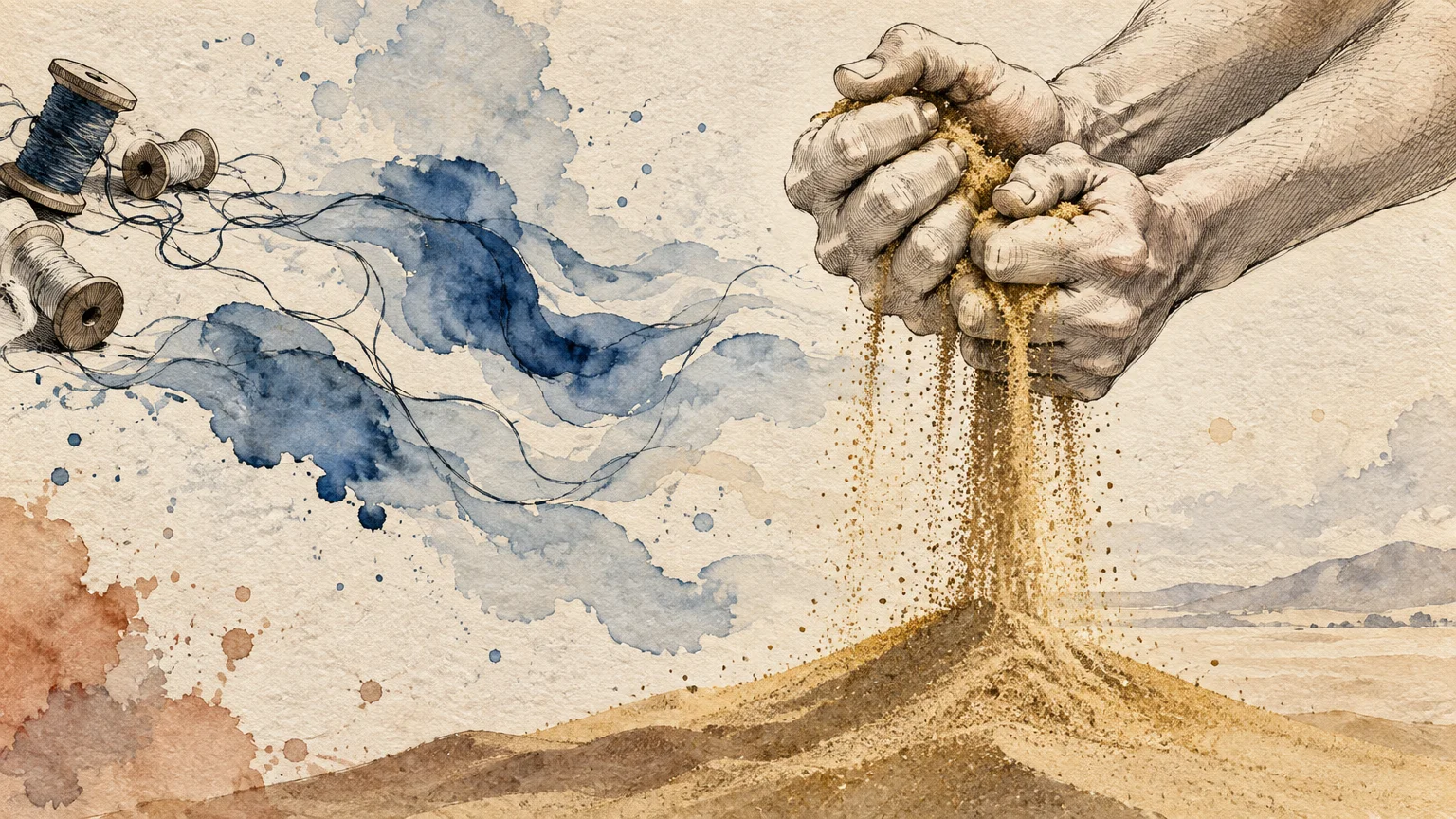 Illustration of hands clutching spilling sand beside spools of unspooling blue thread on textured paper.