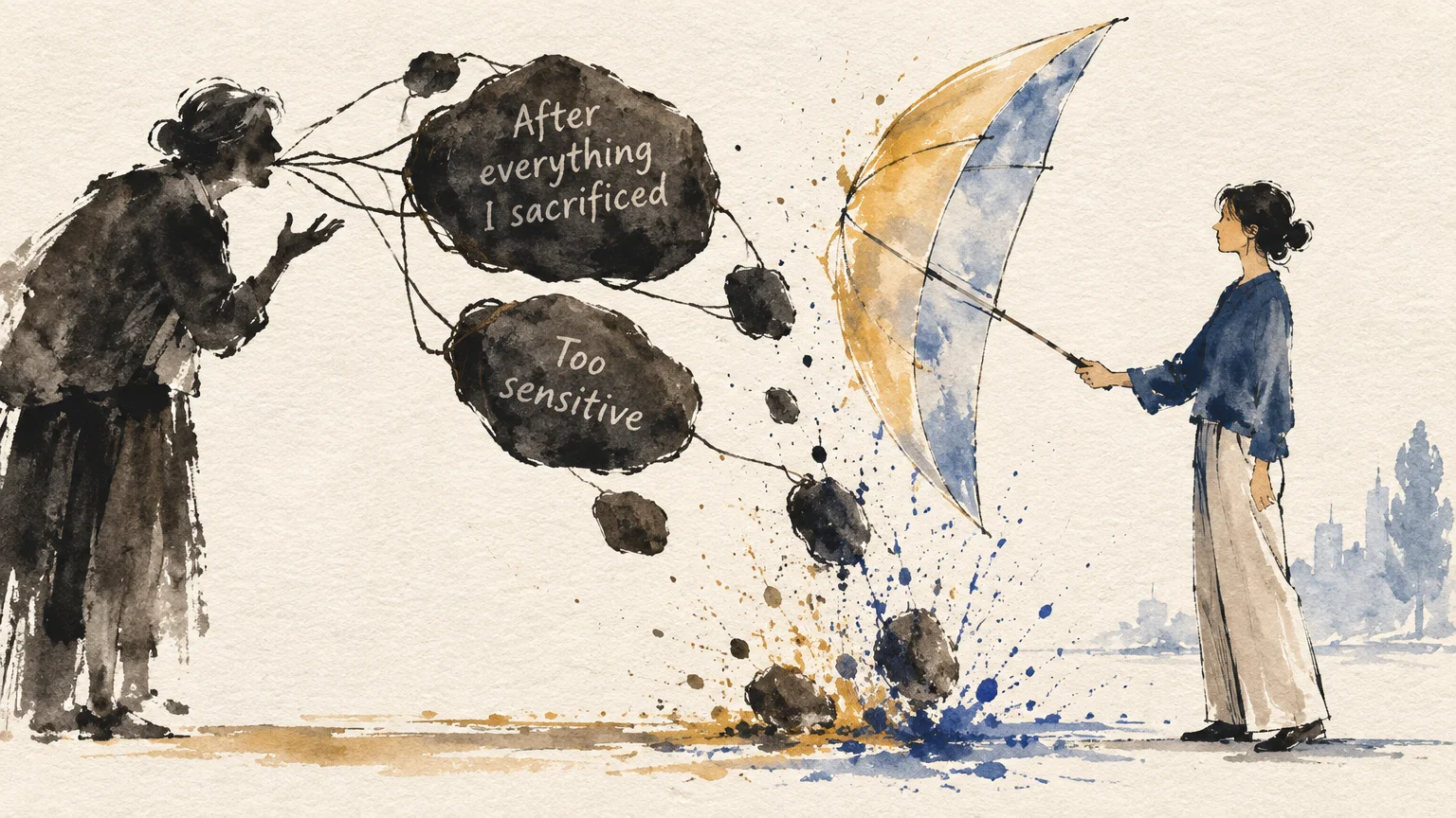 Watercolor art of an older woman blowing rocks labeled with critical phrases toward a younger woman shielding with an umbrella.