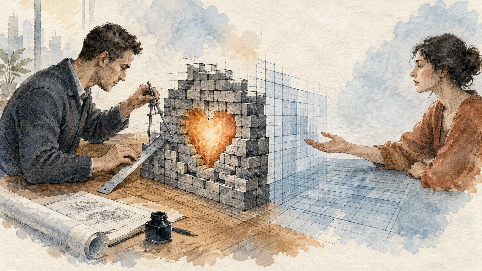 Illustration of a man drafting a stone wall with a glowing heart cutout between himself and an outstretched woman's hand.