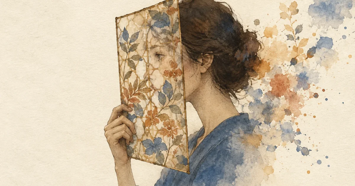 Watercolor illustration of a woman in profile holding a floral patterned screen over her face amid watercolor splatters.