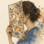 Watercolor illustration of a woman in profile holding a floral patterned screen over her face amid watercolor splatters.