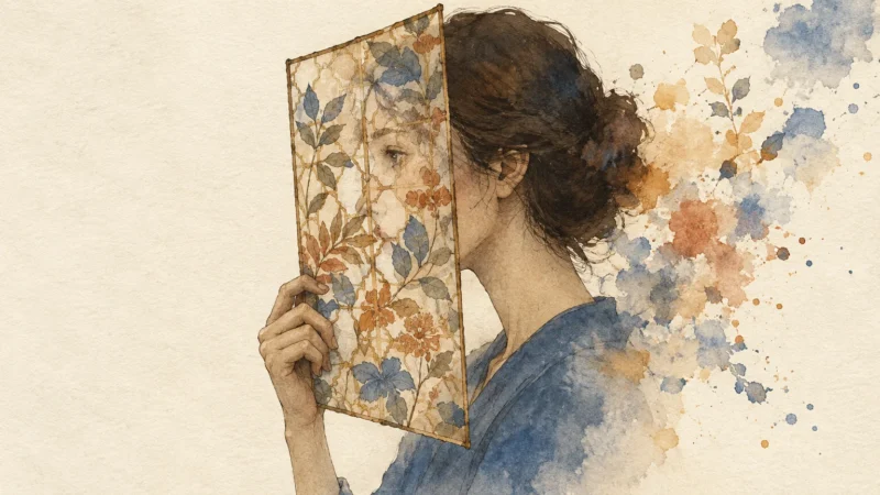 Watercolor illustration of a woman in profile holding a floral patterned screen over her face amid watercolor splatters.