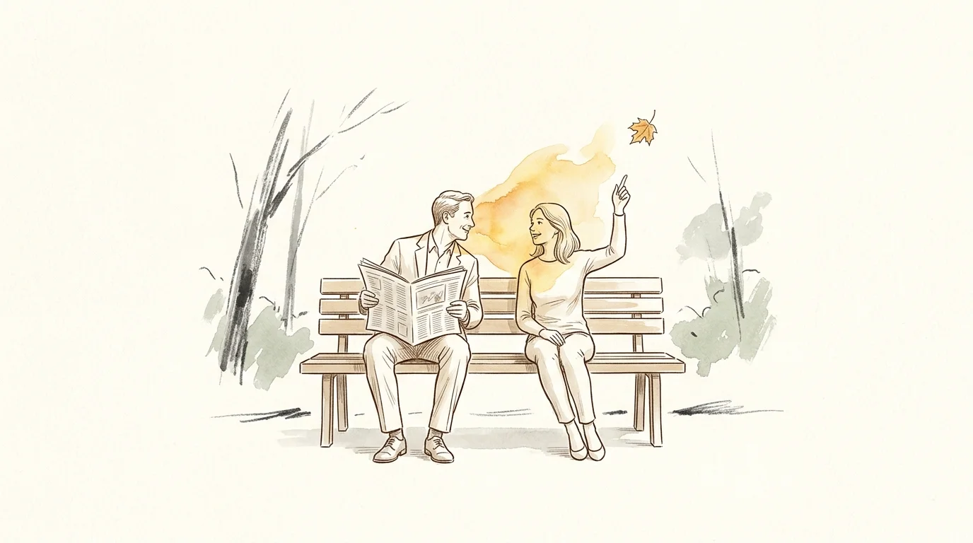 Illustration of a man holding a newspaper and a woman pointing up at a falling leaf while seated on a park bench.