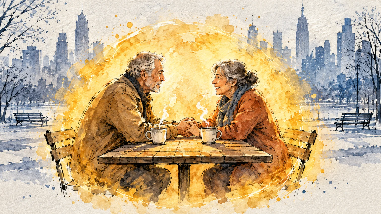 Ink and watercolor sketch of an older couple holding hands across a park table with coffee mugs before a city skyline.