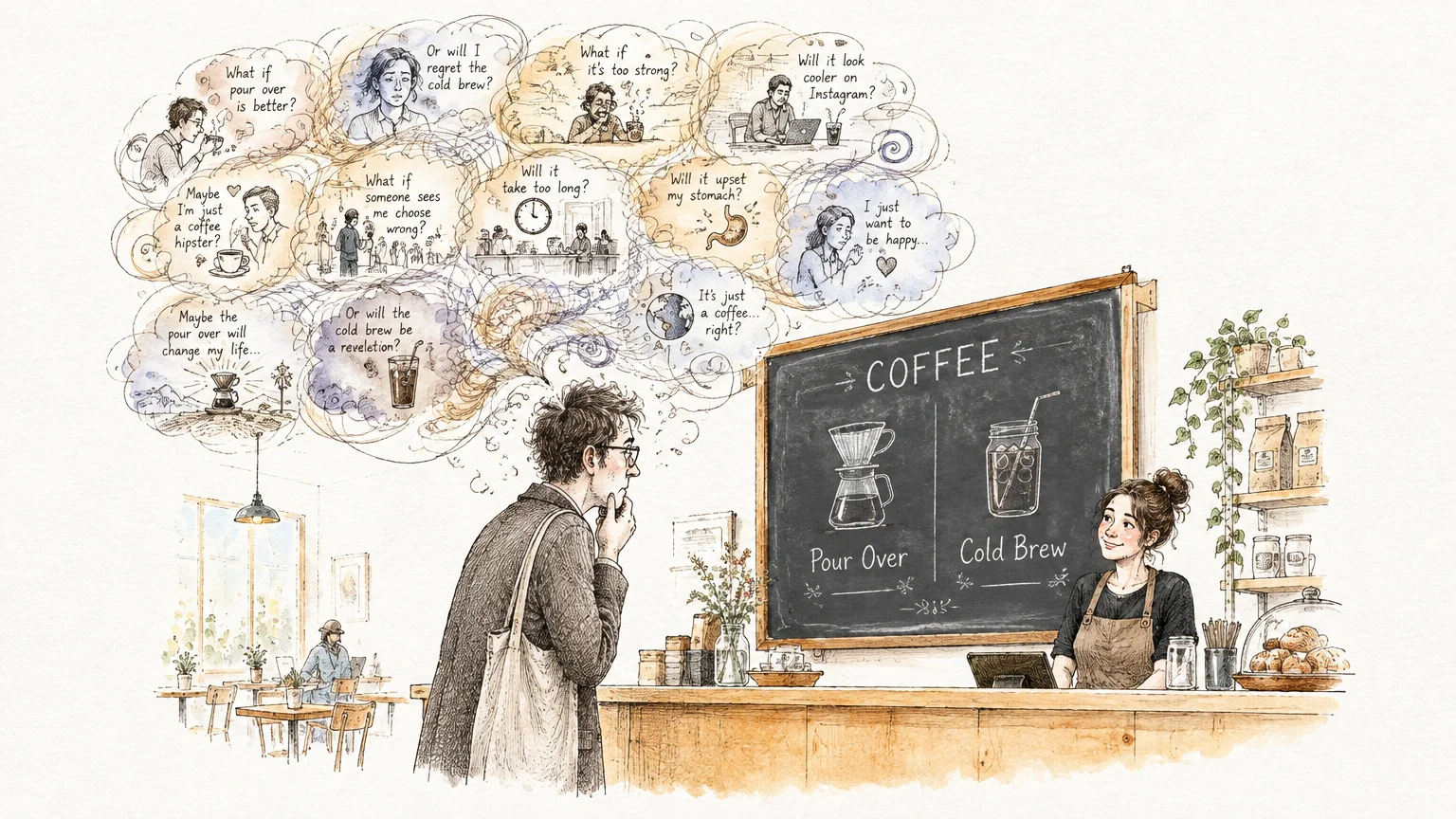 Ink sketch of a customer overthinking coffee options with elaborate thought bubbles before a barista at a cafe counter.