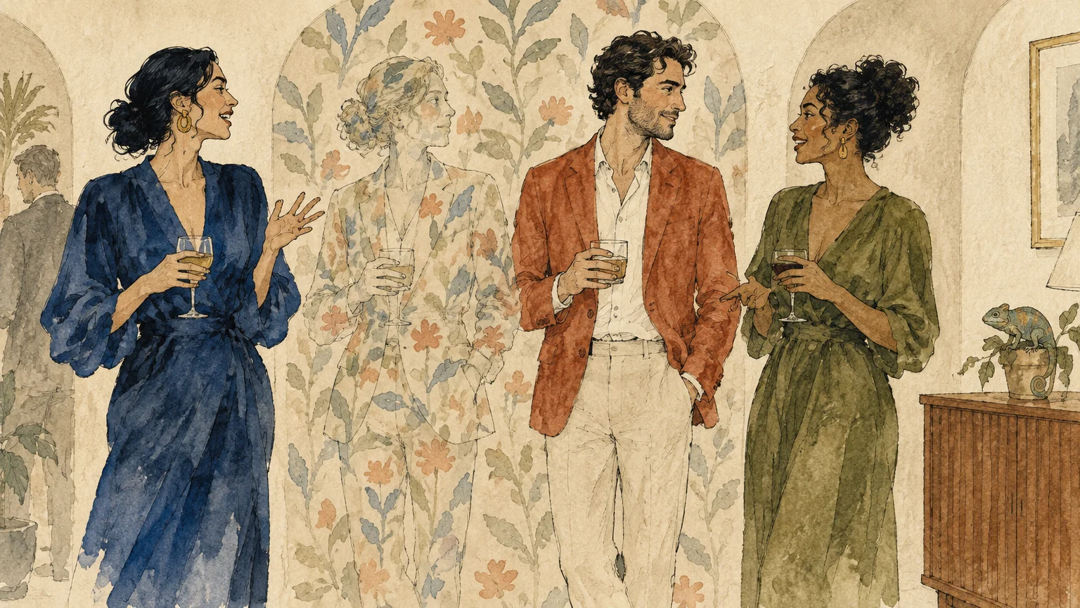 Ink sketch of four party guests holding drinks, with one woman completely blending into the floral wallpaper behind her.