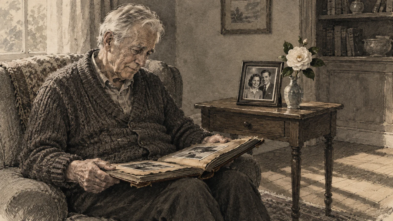 Ink sketch of an elderly man in an armchair looking through an old photo album beside a framed portrait of a couple.