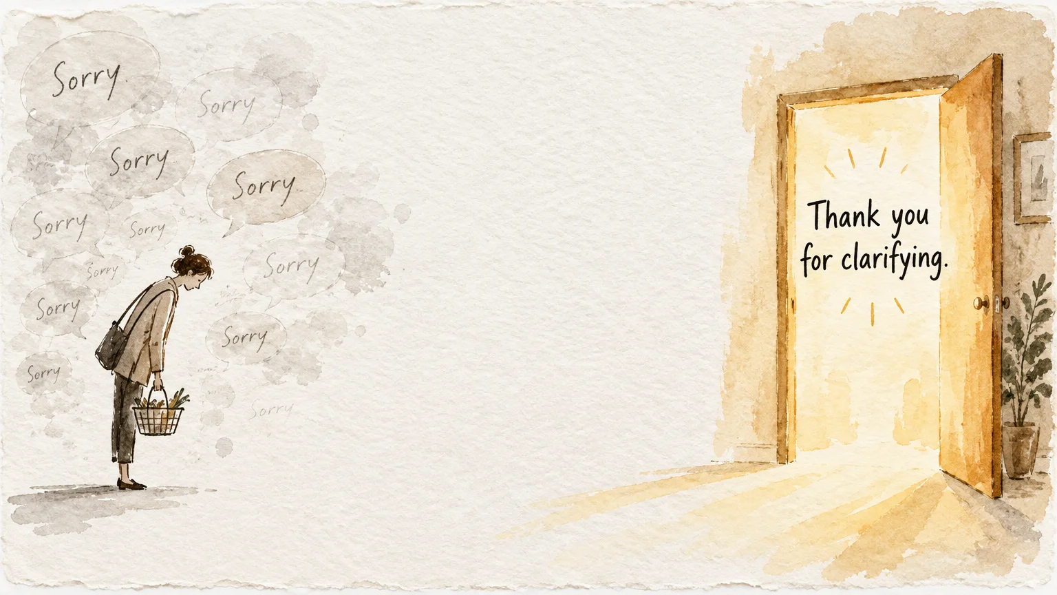 Sketch of a slumped woman surrounded by sorry bubbles, facing an open illuminated doorway reading Thank you for clarifying.