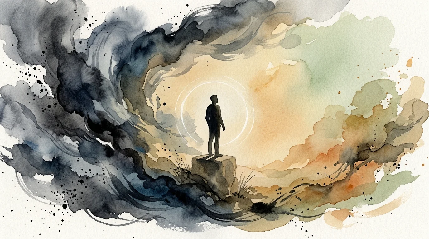 Silhouette of a person standing on a rock amidst swirling dark storm clouds and warm glowing watercolor washes.
