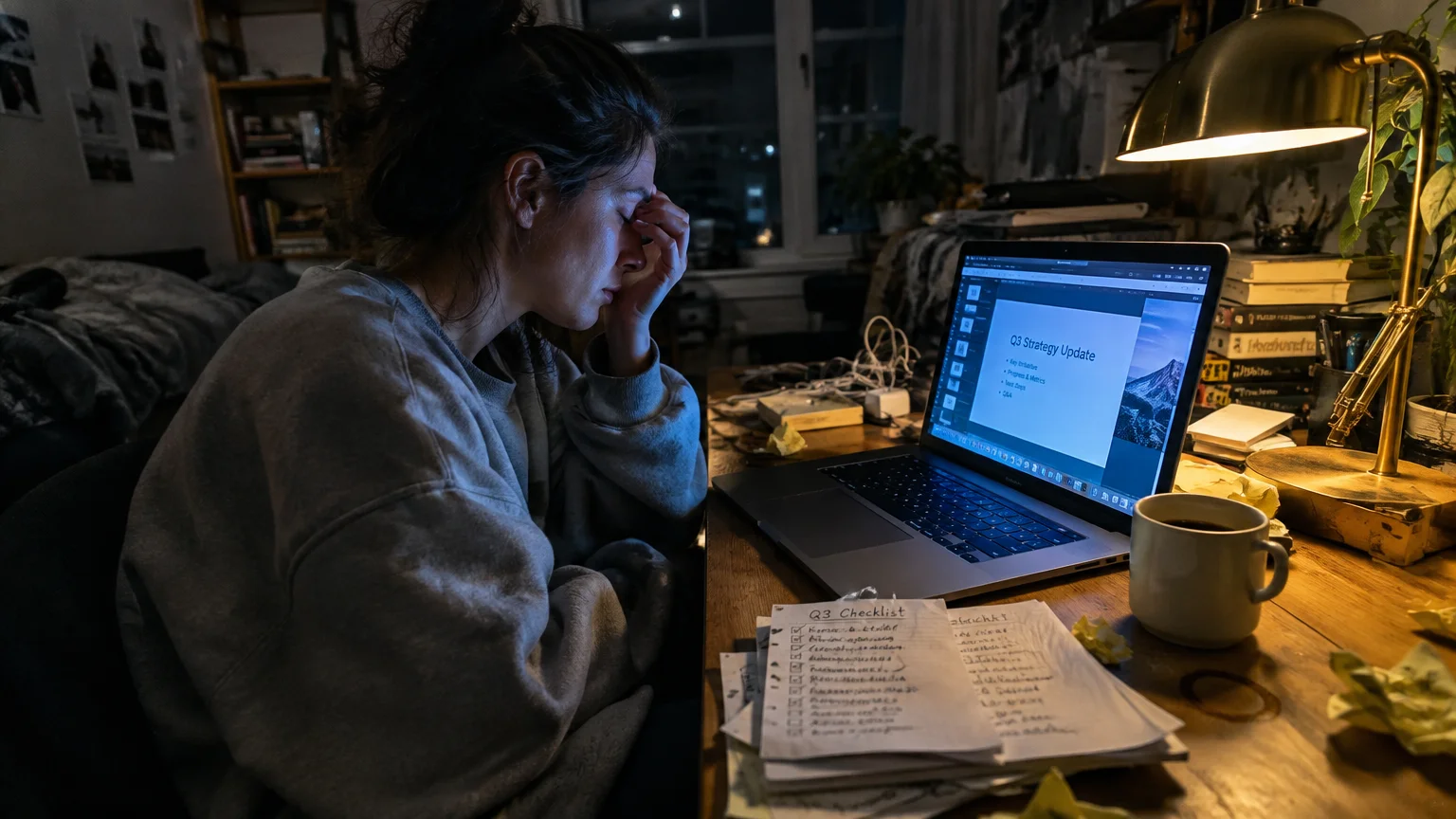 Exhausted woman rubbing her face late at night while working on a laptop presentation at a cluttered desk.