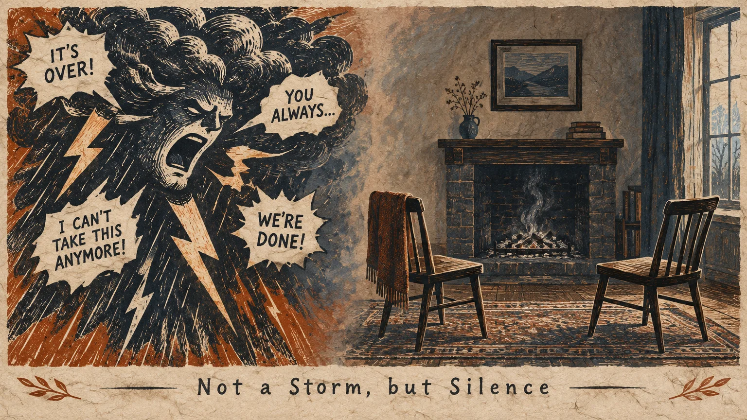 Illustration of a stormy shouting face on the left and two empty wooden chairs by a smoking fireplace on the right.