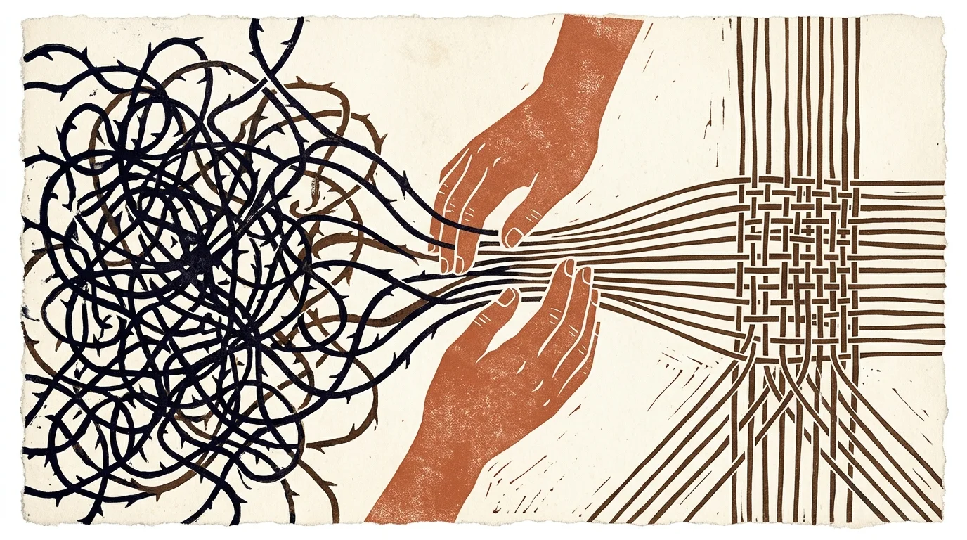 Linocut illustration of two hands untangling a knot of thorny briars and weaving them into straight, orderly strands.