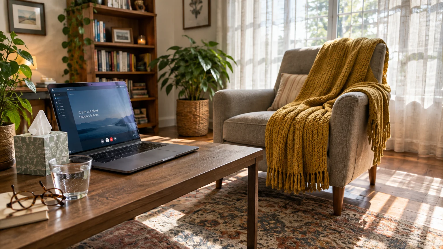 Laptop on a wooden coffee table facing an armchair with a yellow throw blanket in a sunlit living room.