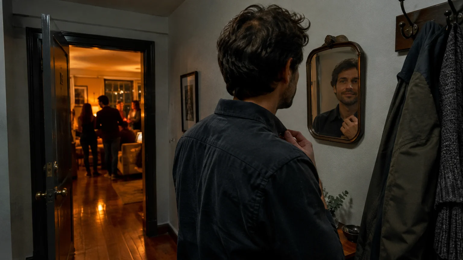 A man adjusts his collar in a hallway mirror before entering a dimly lit room where people are gathered.