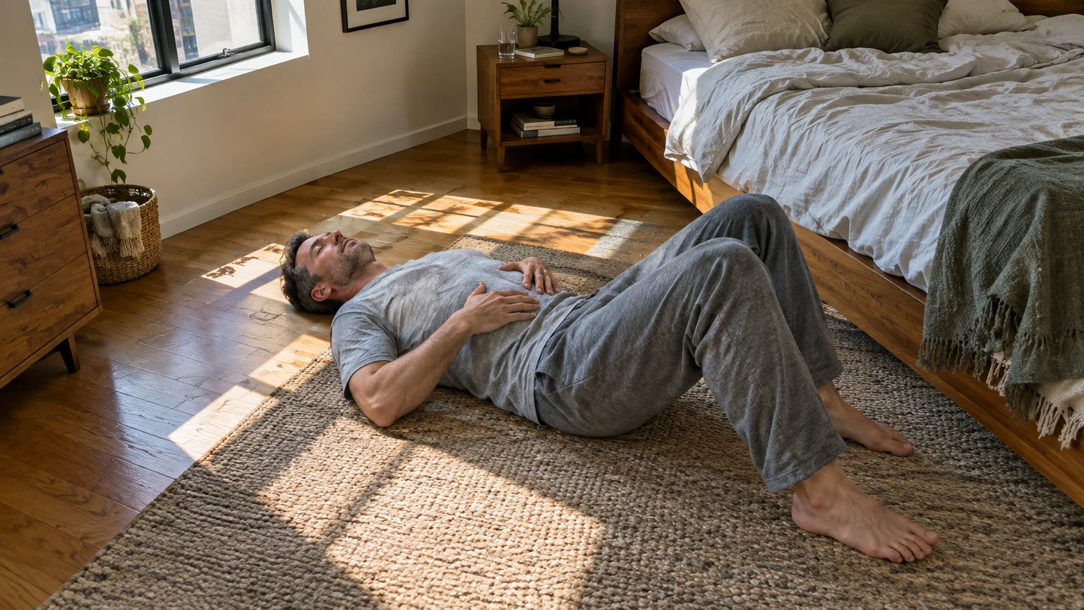 Man lying on a woven rug in a bedroom with eyes closed, hands on his stomach and knees bent.