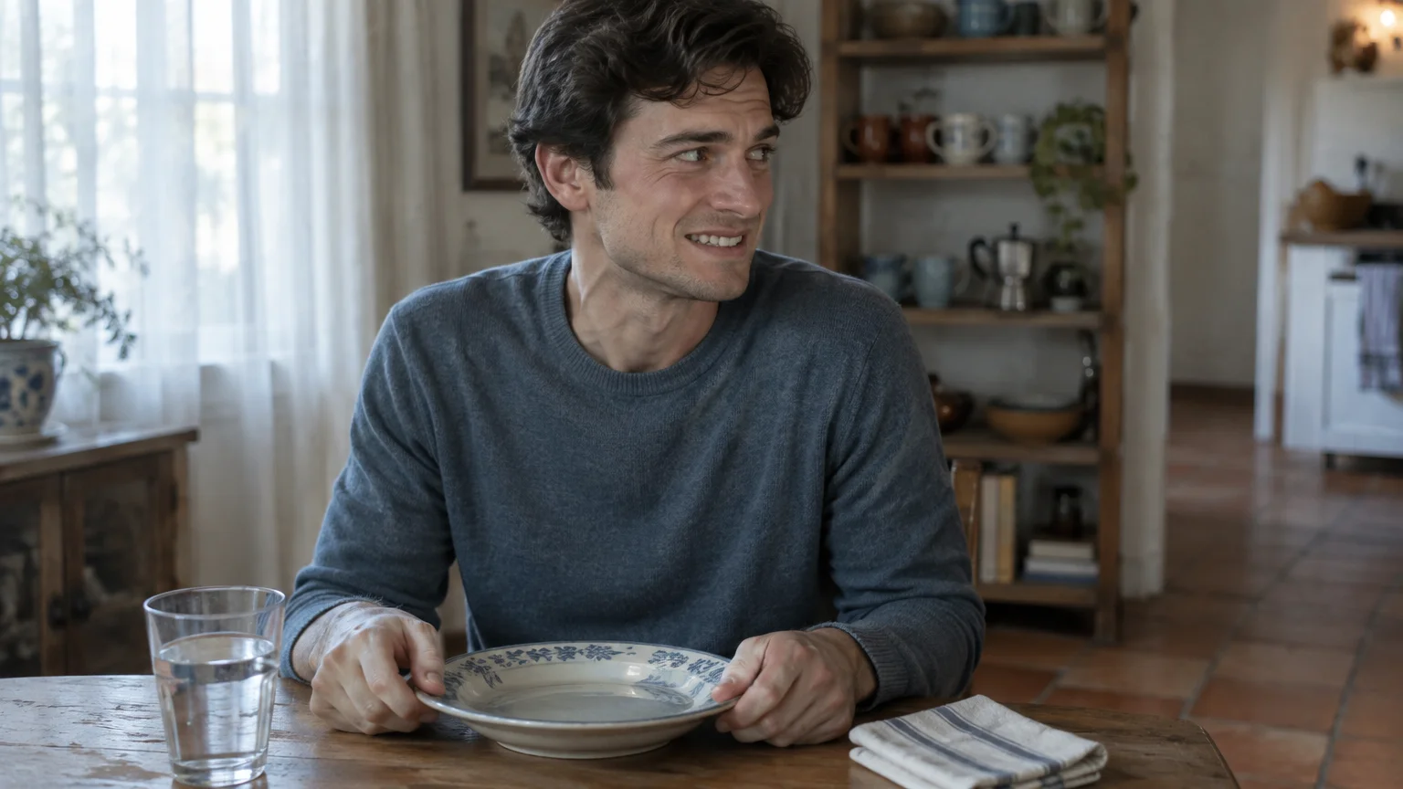 A man in a blue sweater sits at a dining table with an empty plate, looking aside with a strained, tense smile.