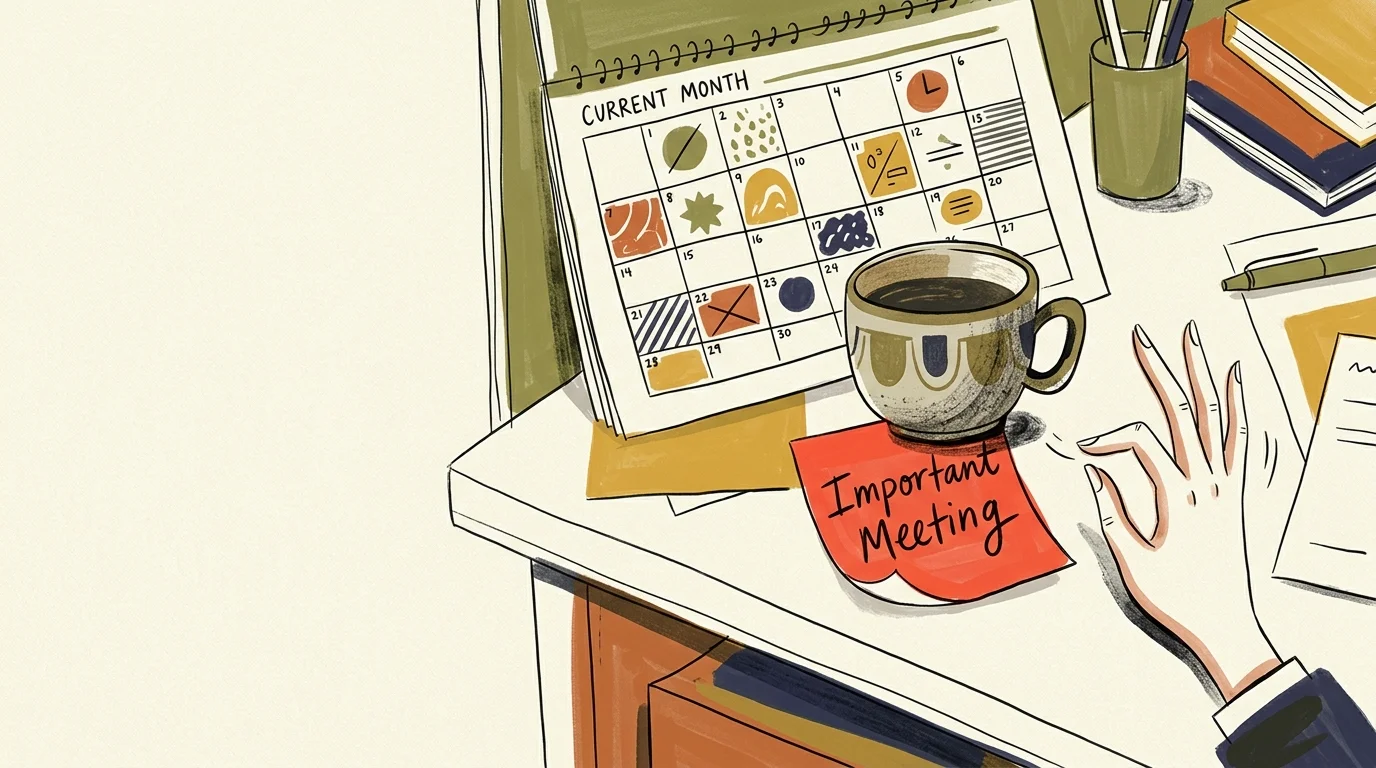 Illustration of a coffee cup resting on an Important Meeting sticky note on an office desk beside a calendar.