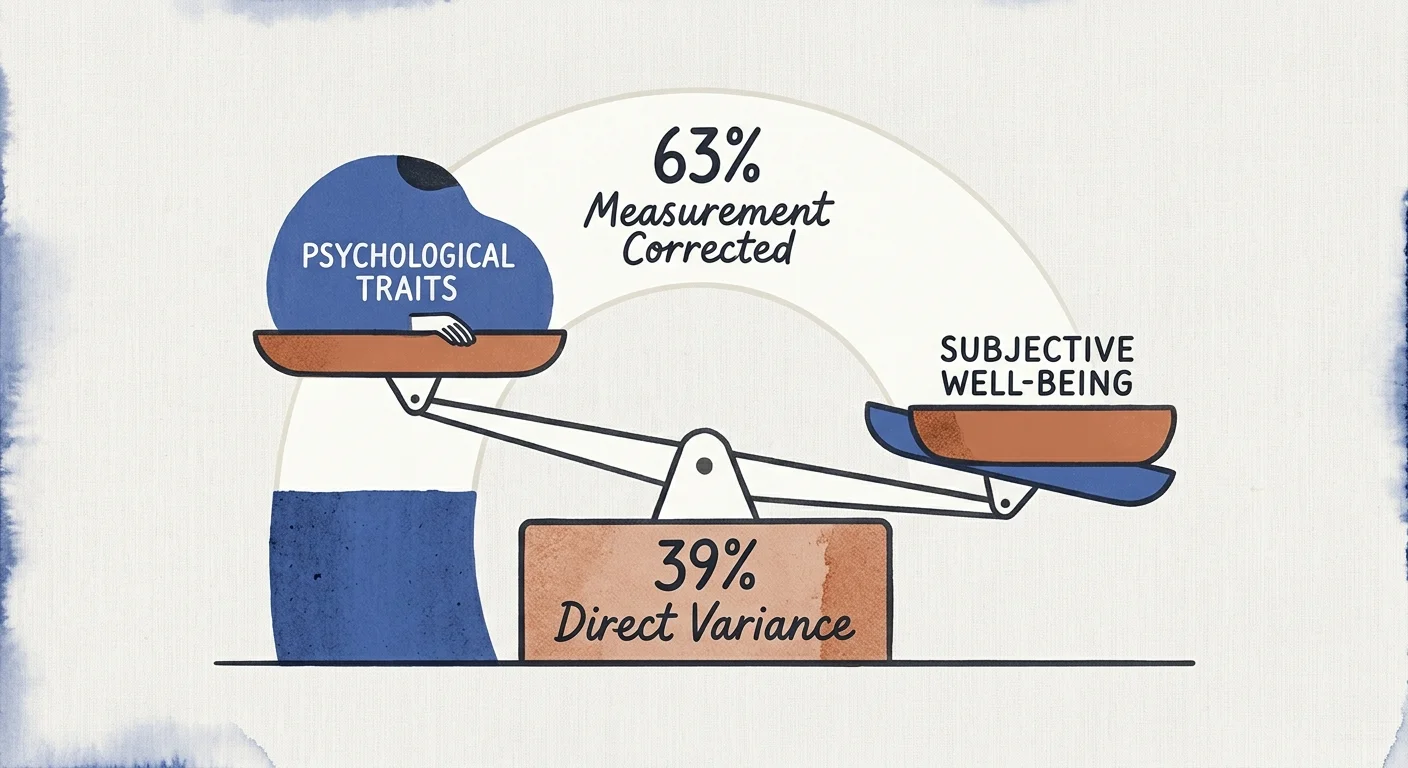 Illustration of a scale balancing psychological traits against subjective well-being, marked with 39% and 63%.