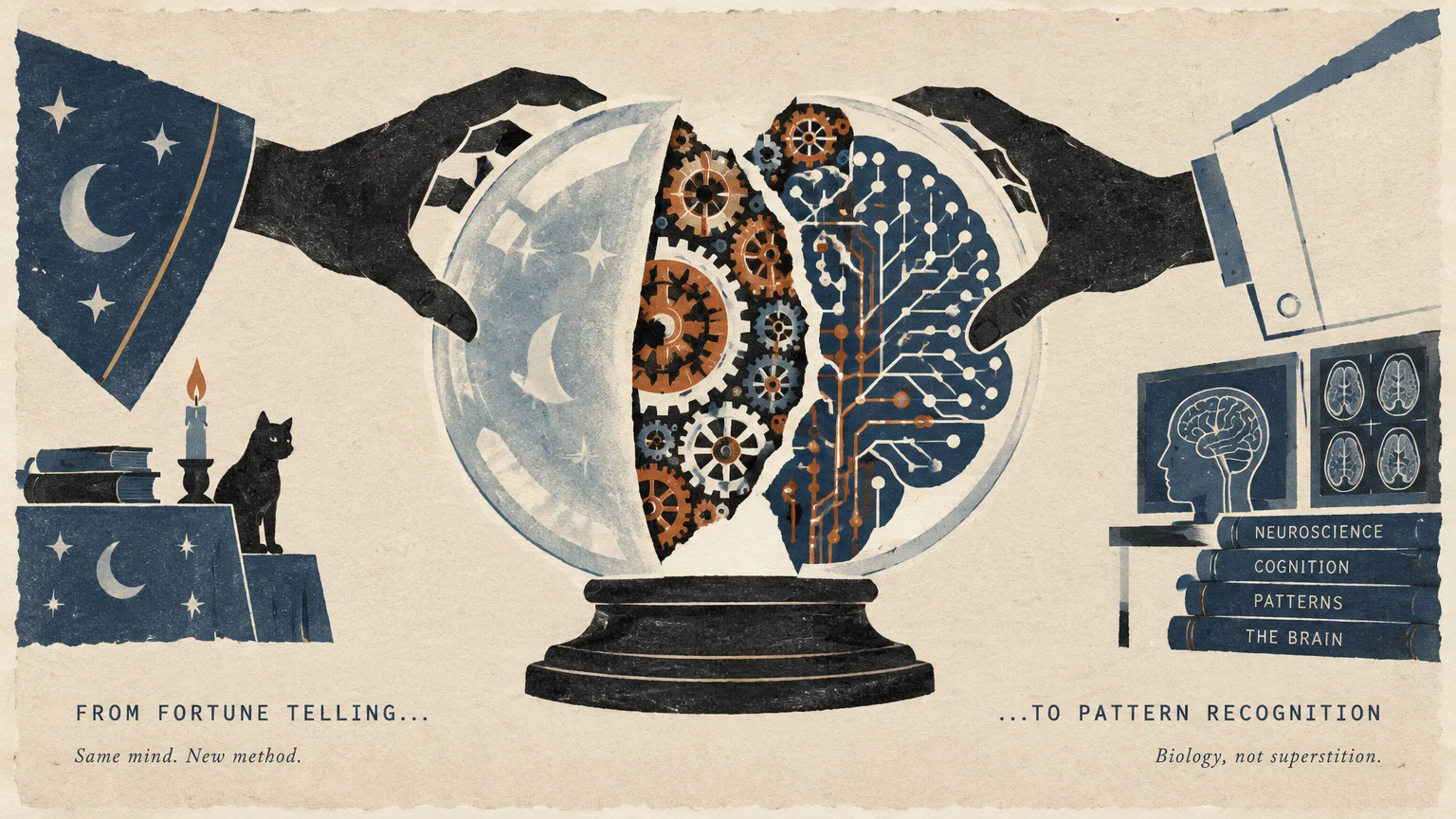 Split crystal ball revealing cogs and circuit brain between a fortune teller's hand and a scientist's hand.