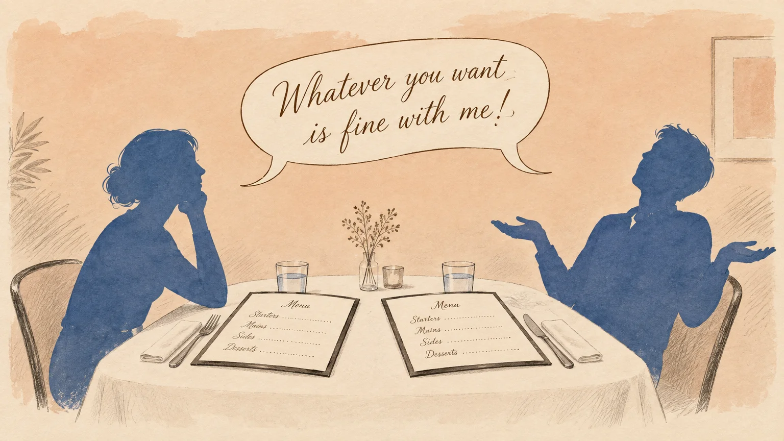 Blue silhouettes of a couple at a restaurant table with menus, and a speech bubble reading whatever you want is fine with me.