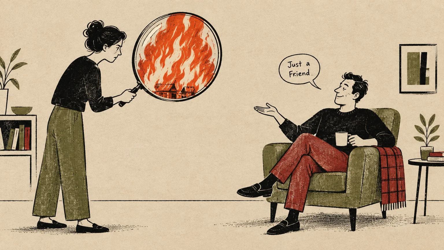 Illustration of a woman holding a magnifying glass showing fire at a seated man who says just a friend.