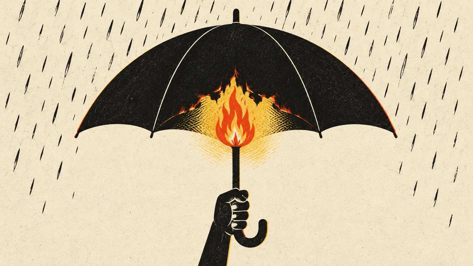 Illustration of a hand holding a black umbrella in the rain as bright flames burn underneath its canopy.