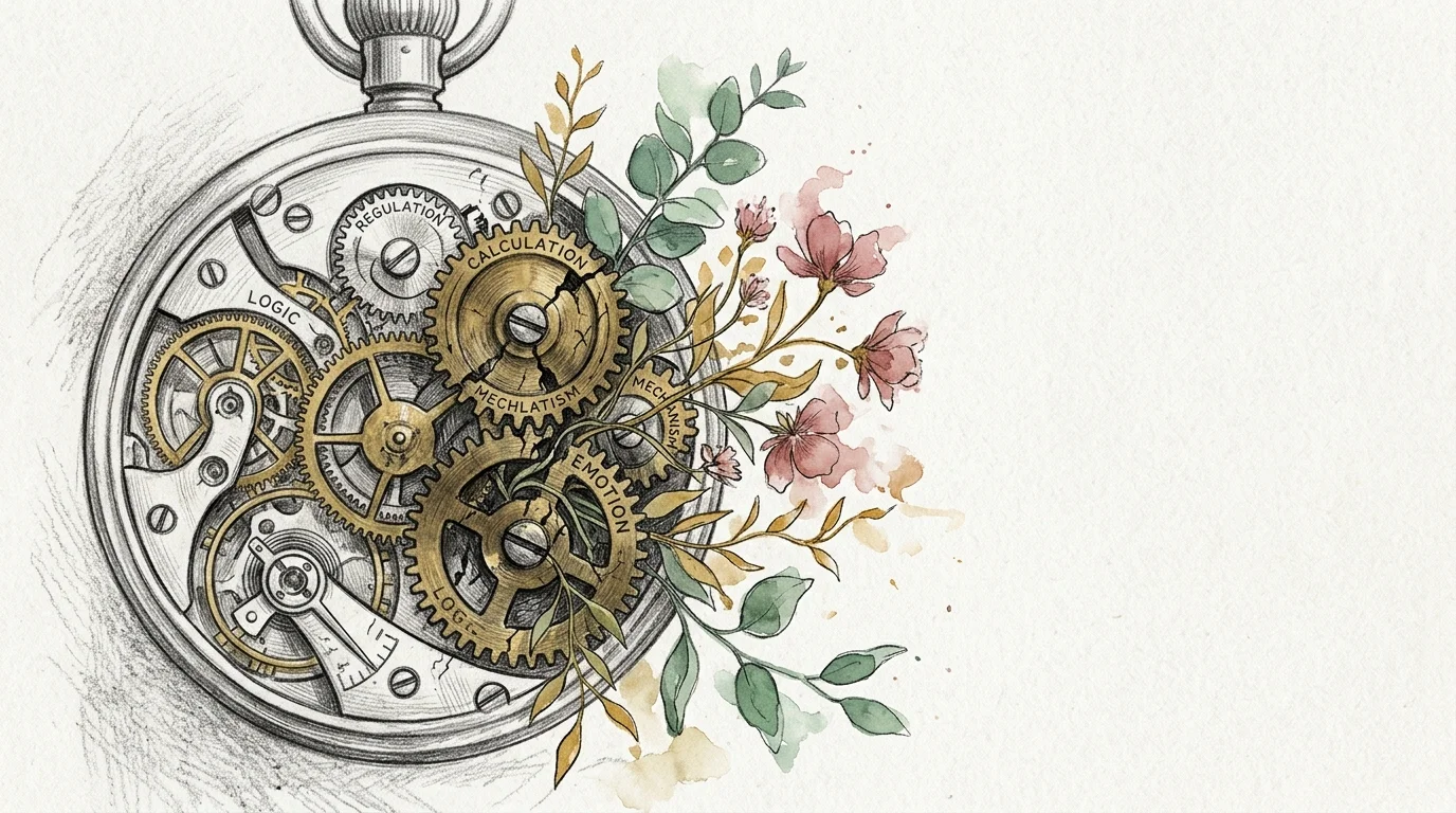 Exposed pocket watch gears labeled with psychological terms interwoven with watercolor leaves and pink flowers.