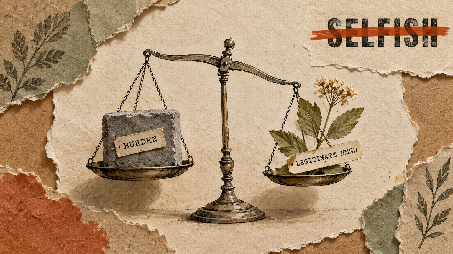 Mixed media collage of balance scales weighing a stone labeled BURDEN against a plant labeled LEGITIMATE NEED.